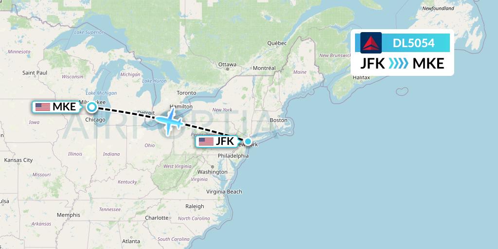 DL5054 Delta Air Lines Flight Map: New York to Milwaukee
