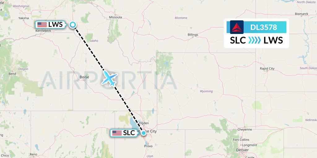 DL3578 Delta Air Lines Flight Map: Salt Lake City to Lewiston