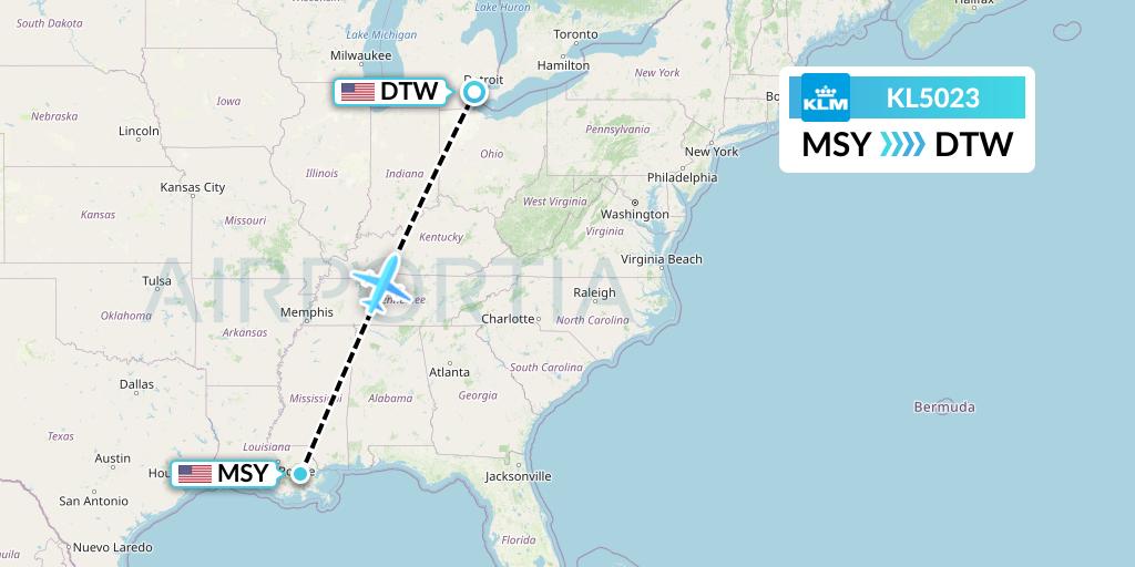 KL5023 KLM Flight Map: New Orleans to Detroit