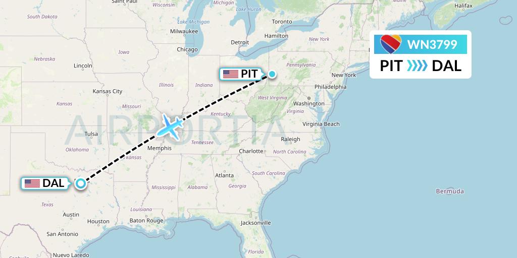 WN3799 Southwest Airlines Flight Map: Pittsburgh to Dallas