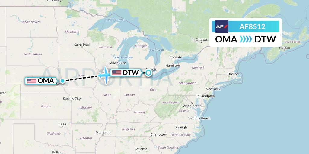 AF8512 Air France Flight Map: Omaha to Detroit