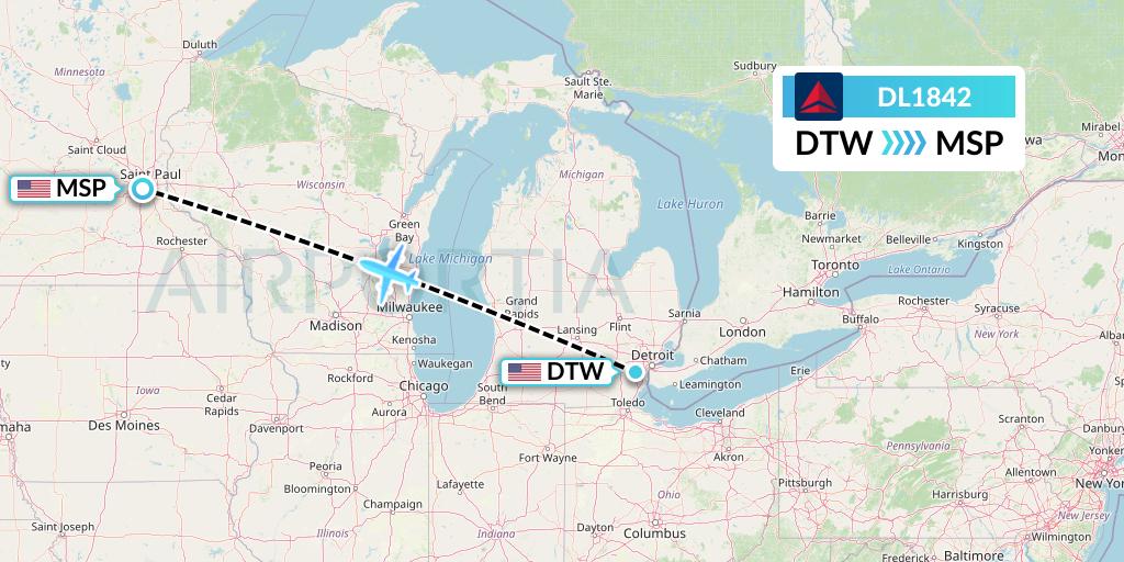DL1842 Delta Air Lines Flight Map: Detroit to Minneapolis