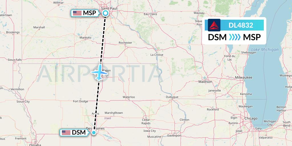 DL4832 Delta Air Lines Flight Map: Des Moines to Minneapolis