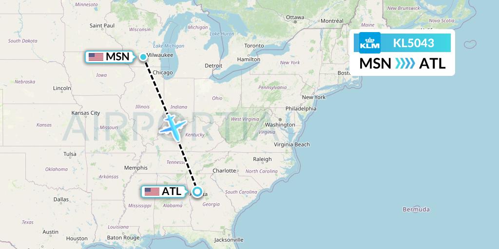 KL5043 KLM Flight Map: Madison to Atlanta