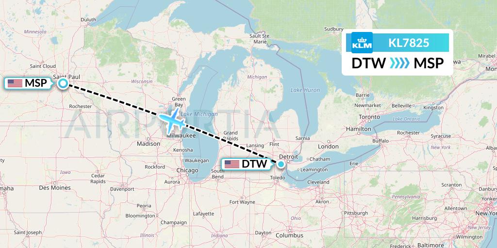 KL7825 KLM Flight Map: Detroit to Minneapolis