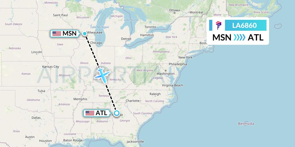 LA6860 LAN Airlines Flight Map: Madison to Atlanta