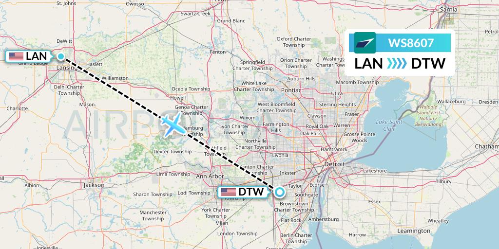 WS8607 WestJet Flight Map: Lansing to Detroit