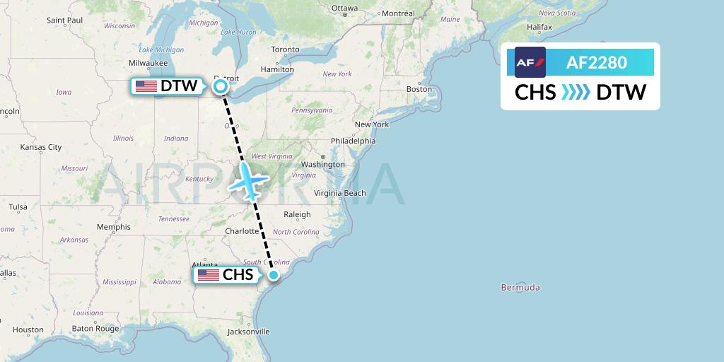 AF2280 Air France Flight Map: Charleston to Detroit