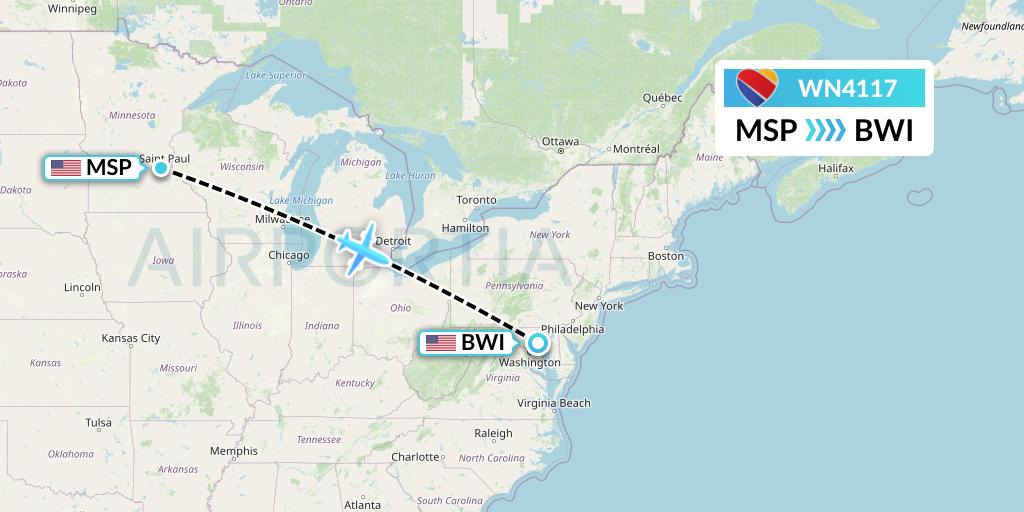 WN4117 Southwest Airlines Flight Map: Minneapolis to Baltimore