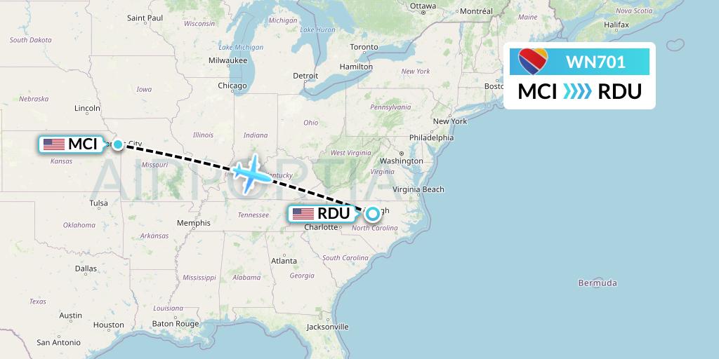 WN701 Southwest Airlines Flight Map: Kansas City to Raleigh-Durham