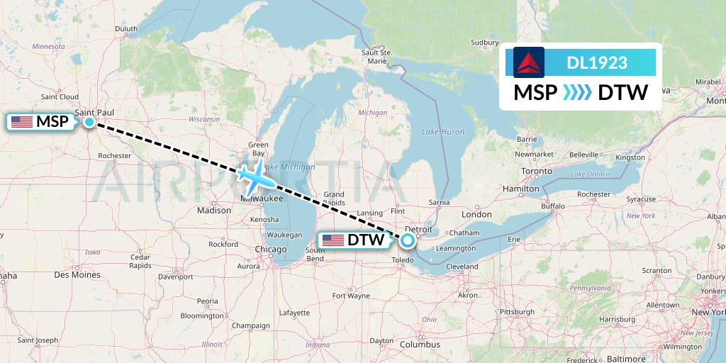 DL1923 Delta Air Lines Flight Map: Minneapolis to Detroit