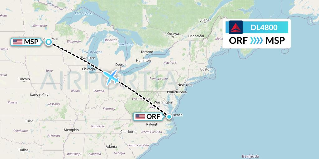 DL4800 Delta Air Lines Flight Map: Norfolk to Minneapolis