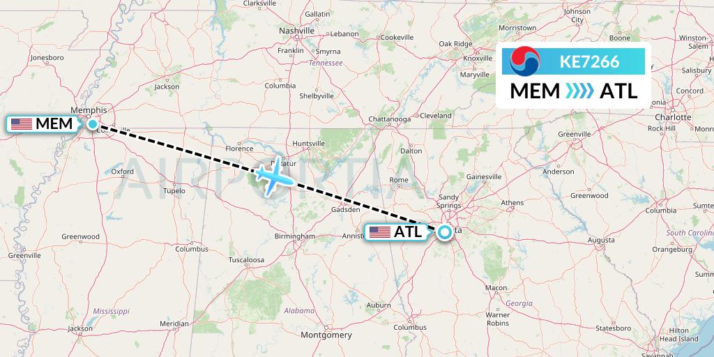 KE7266 Korean Air Flight Map: Memphis to Atlanta