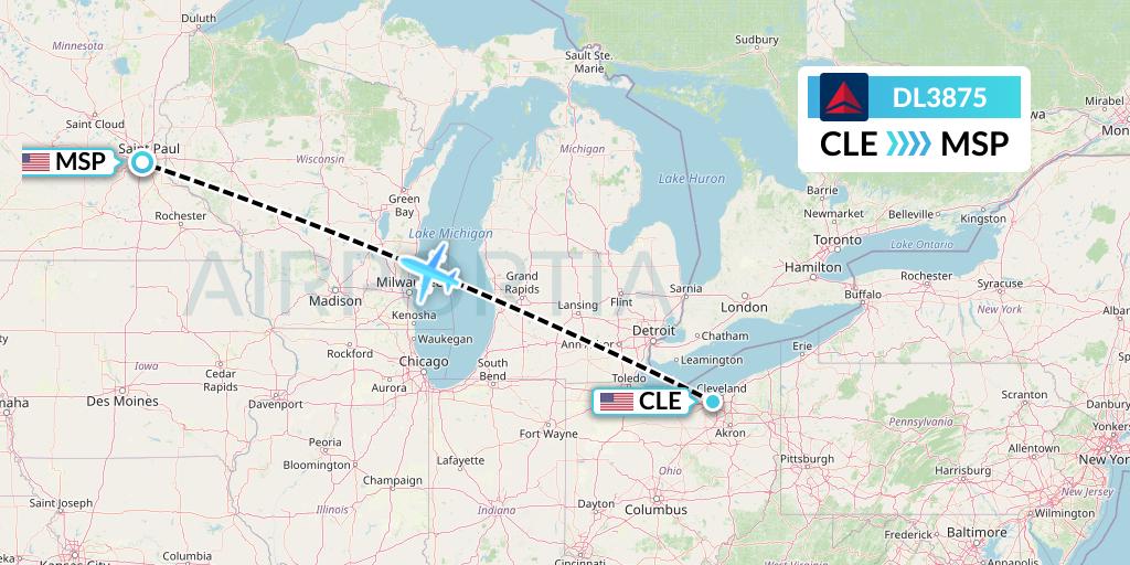 DL3875 Delta Air Lines Flight Map: Cleveland to Minneapolis