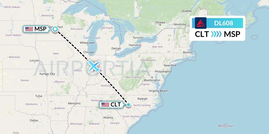 DL608 Delta Air Lines Flight Map: Charlotte to Minneapolis