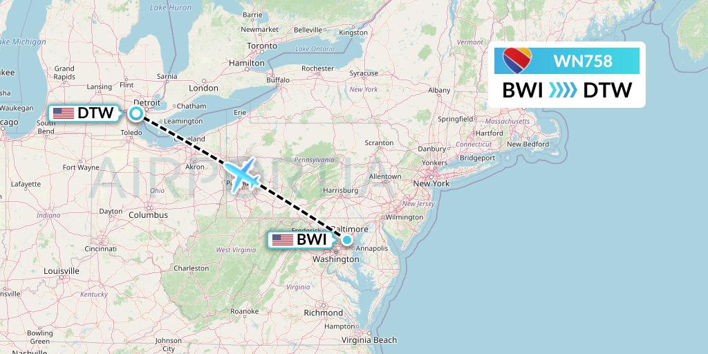 WN758 Southwest Airlines Flight Map: Baltimore to Detroit
