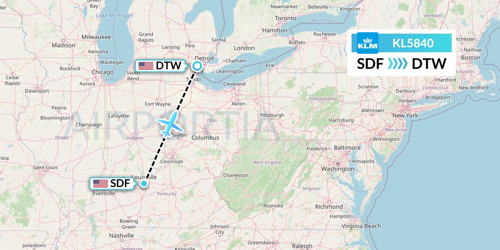 KL5840 KLM Flight Map: Louisville to Detroit