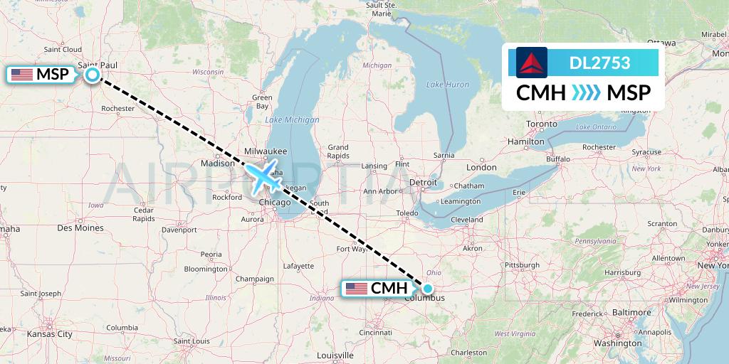 DL2753 Delta Air Lines Flight Map: Columbus to Minneapolis