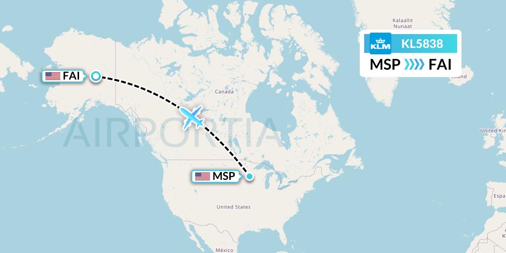 KL5838 KLM Flight Map: Minneapolis to Fairbanks