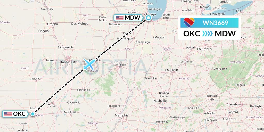 WN3669 Southwest Airlines Flight Map: Oklahoma City to Chicago
