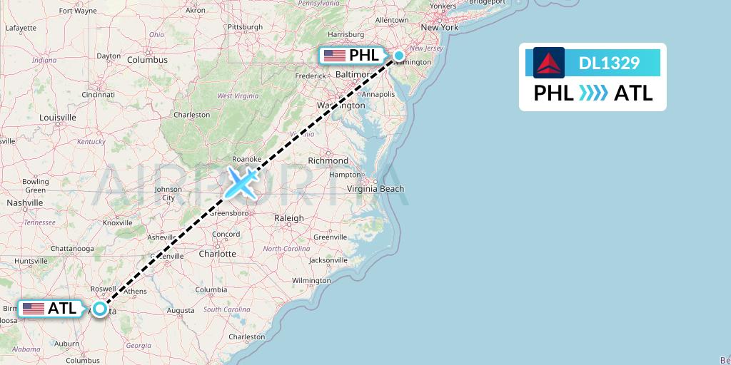 DL1329 Delta Air Lines Flight Map: Philadelphia to Atlanta
