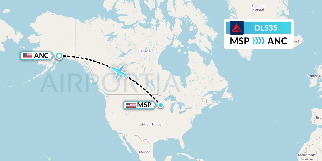 DL535 Delta Air Lines Flight Map: Minneapolis to Anchorage