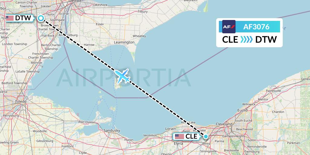 AF3076 Air France Flight Map: Cleveland to Detroit