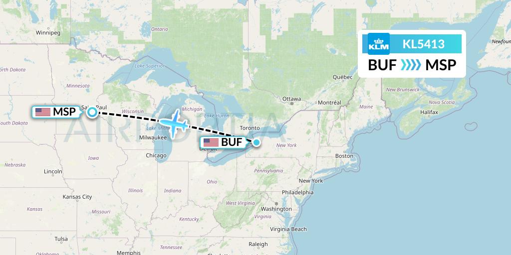KL5413 KLM Flight Map: Buffalo to Minneapolis