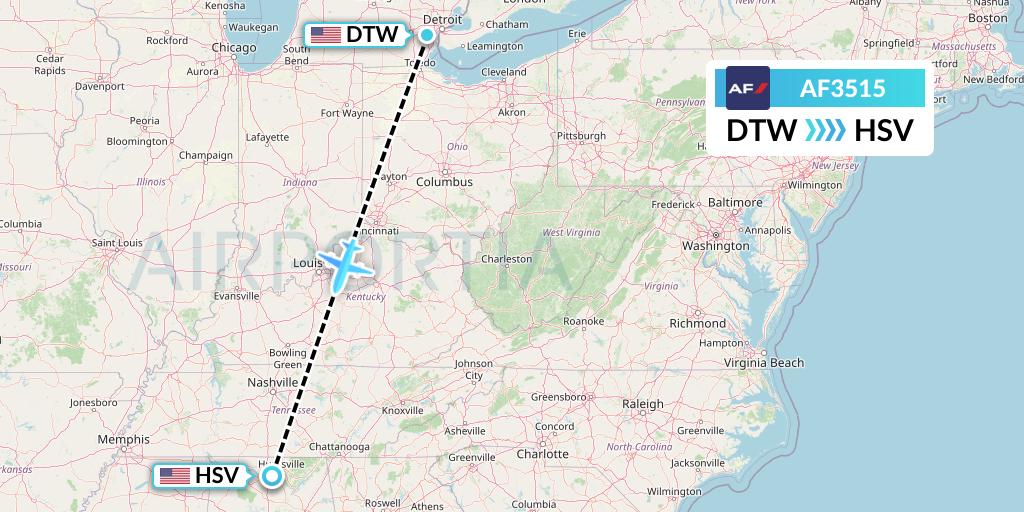 AF3515 Air France Flight Map: Detroit to Huntsville