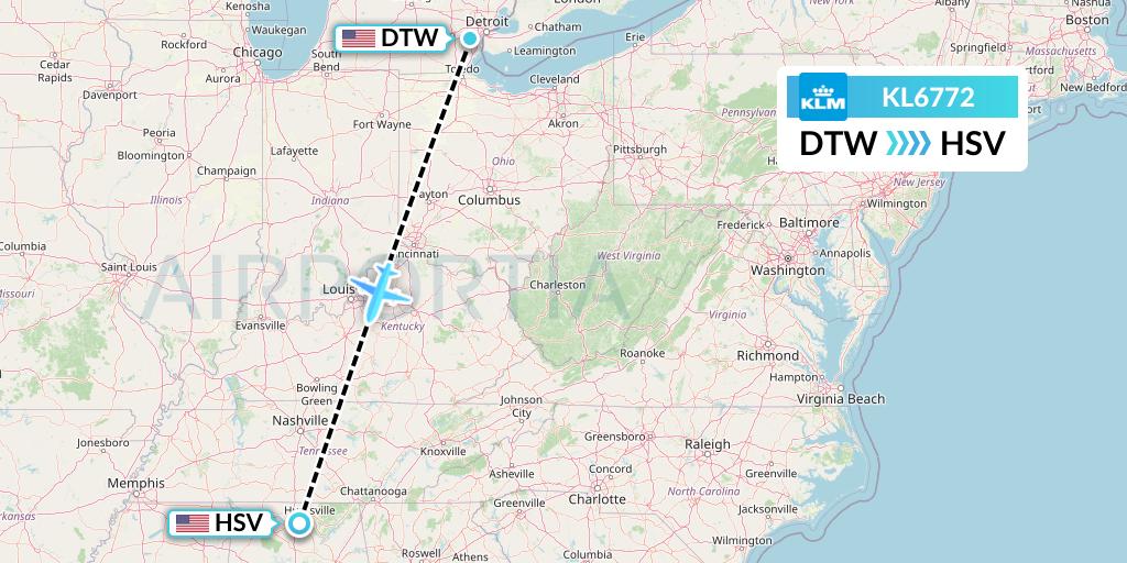 KL6772 KLM Flight Map: Detroit to Huntsville