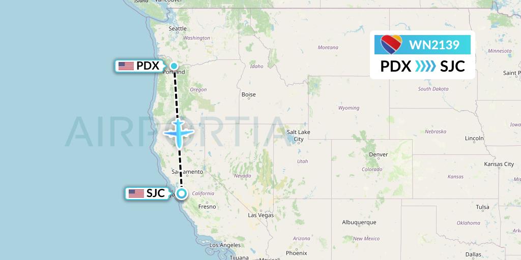 WN2139 Southwest Airlines Flight Map: Portland to San Jose