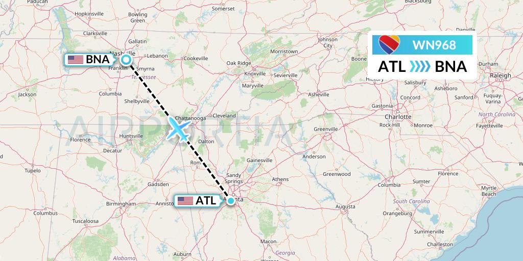 WN968 Southwest Airlines Flight Map: Atlanta to Nashville