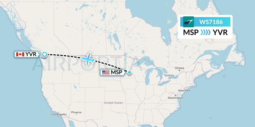 WS7186 WestJet Flight Map: Minneapolis to Vancouver