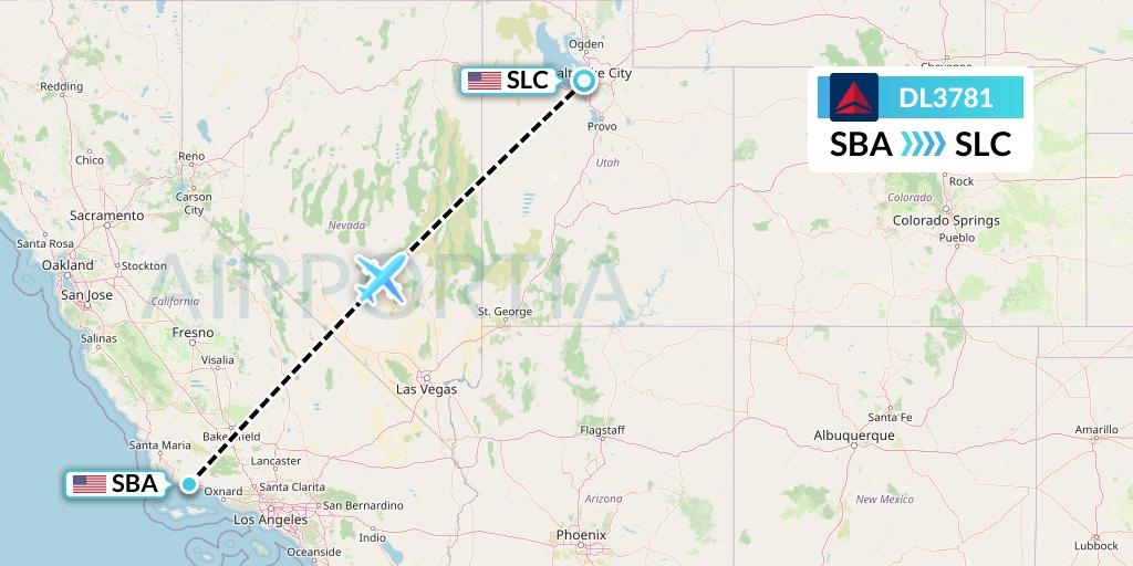 DL3781 Delta Air Lines Flight Map: Santa Barbara to Salt Lake City