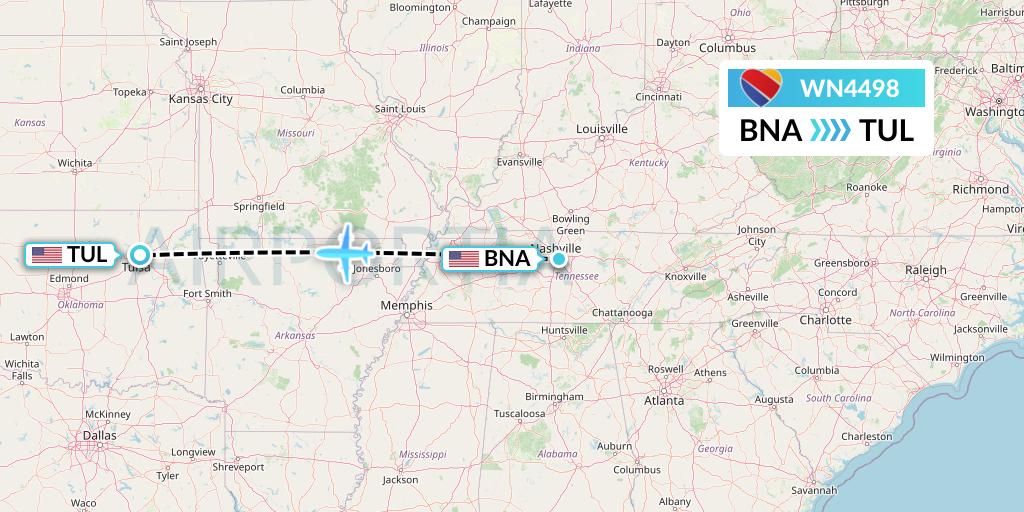 WN4498 Southwest Airlines Flight Map: Nashville to Tulsa