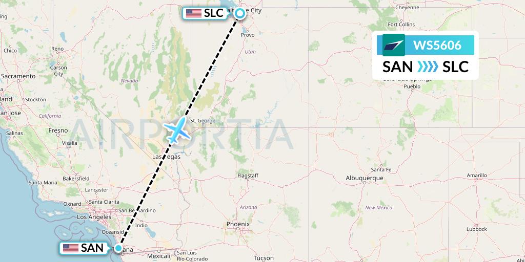 WS5606 WestJet Flight Map: San Diego to Salt Lake City