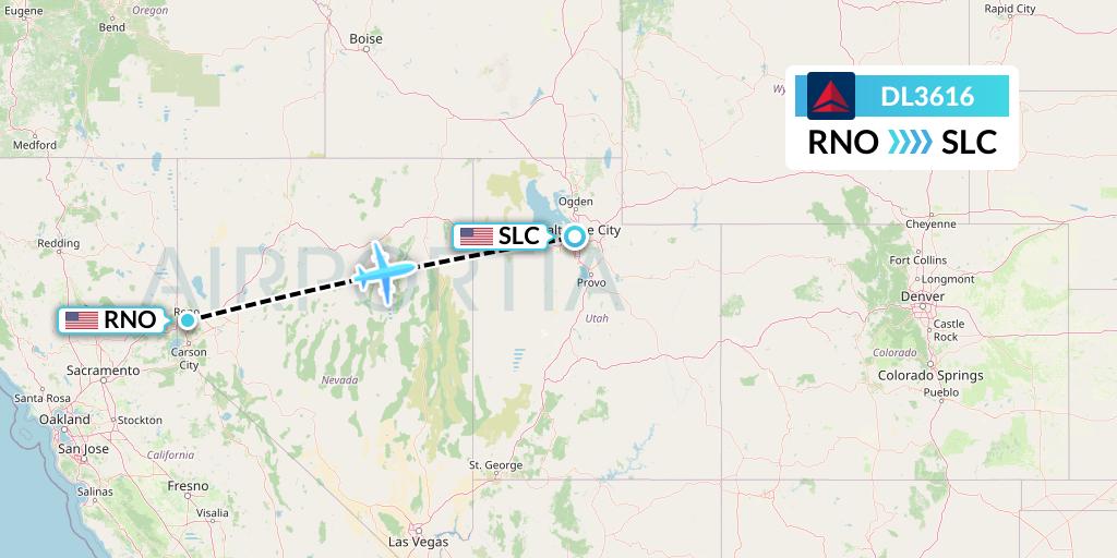 DL3616 Delta Air Lines Flight Map: Reno to Salt Lake City
