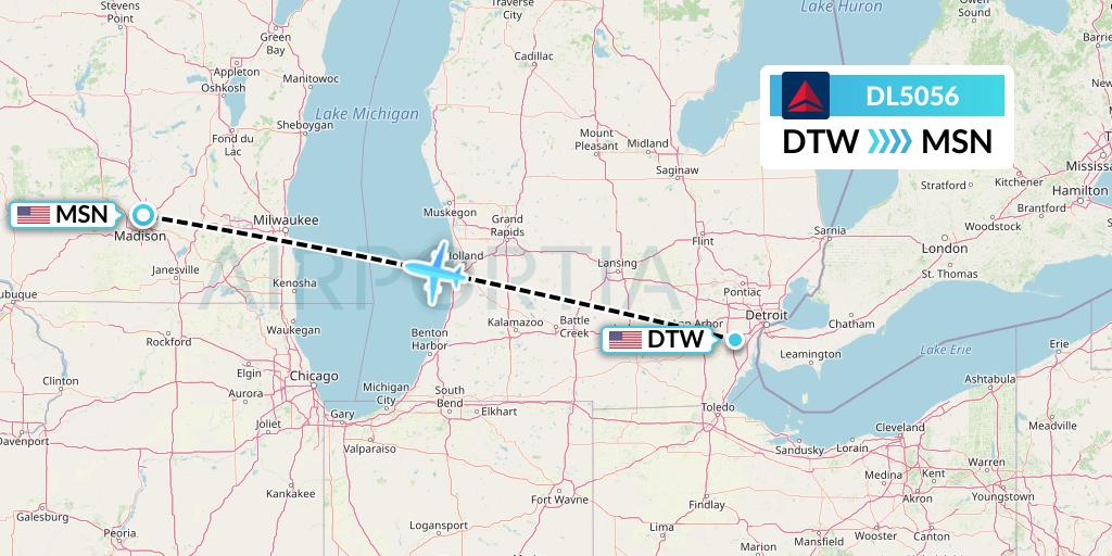 DL5056 Delta Air Lines Flight Map: Detroit to Madison