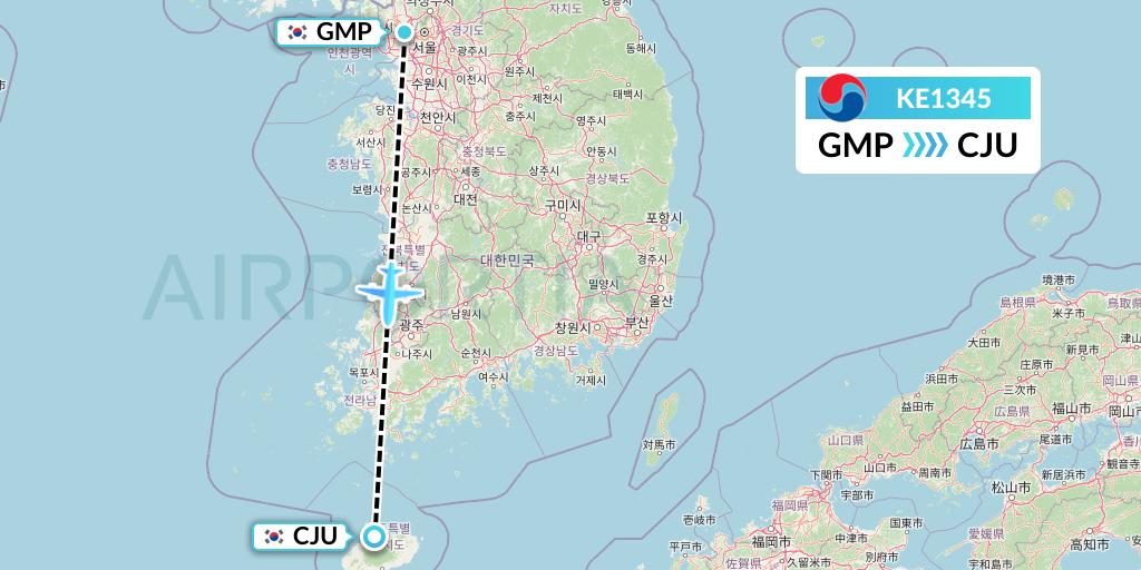 KE1345 Korean Air Flight Map: Seoul to Jeju