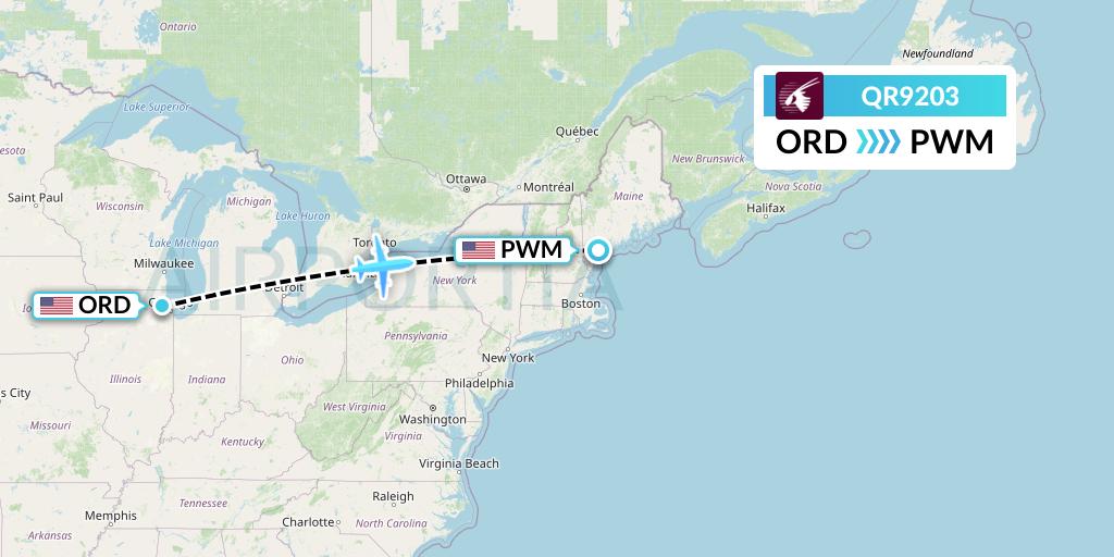 QR9203 Qatar Airways Flight Map: Chicago to Portland