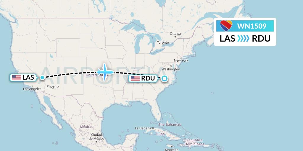 WN1509 Southwest Airlines Flight Map: Las Vegas to Raleigh-Durham