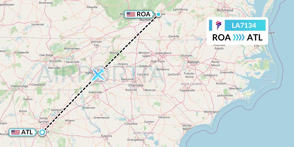 LA7134 LAN Airlines Flight Map: Roanoke to Atlanta