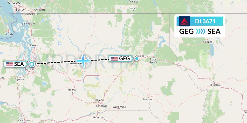 DL3671 Delta Air Lines Flight Map: Spokane to Seattle