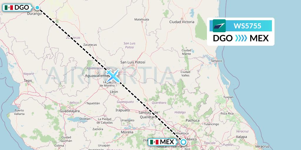 WS5755 WestJet Flight Map: Durango to Mexico City