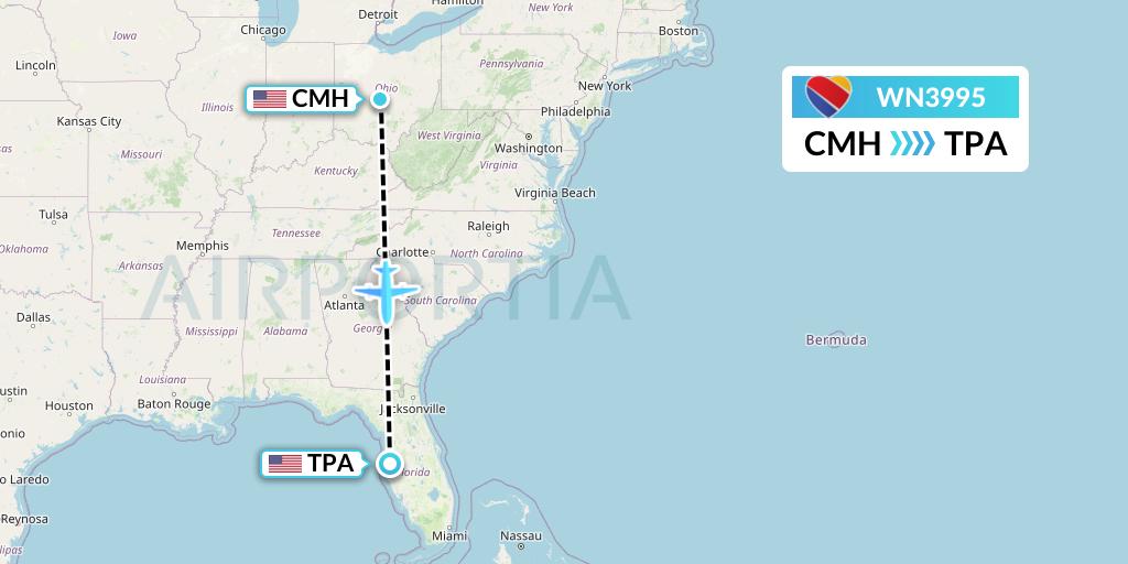 WN3995 Southwest Airlines Flight Map: Columbus to Tampa