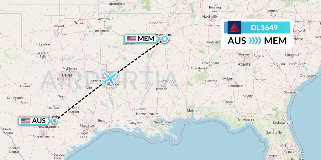 DL3649 Delta Air Lines Flight Map: Austin to Memphis