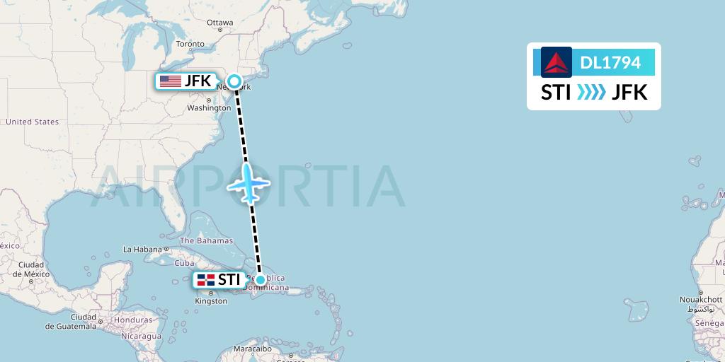 DL1794 Delta Air Lines Flight Map: Santiago de los Caballeros to New York