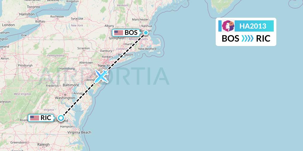 HA2013 Hawaiian Airlines Flight Map: Boston to Richmond