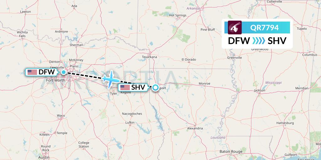 QR7794 Qatar Airways Flight Map: Dallas to Shreveport