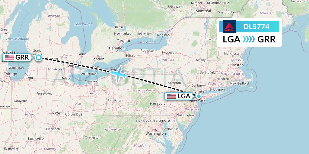DL5774 Delta Air Lines Flight Map: New York to Grand Rapids